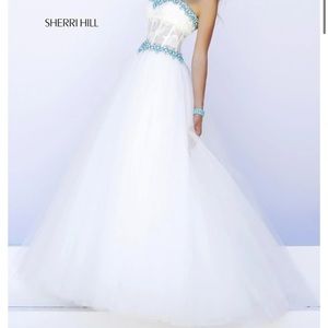 Sherri hill gown!!! Size 4, white with blue gems and lace bodice.